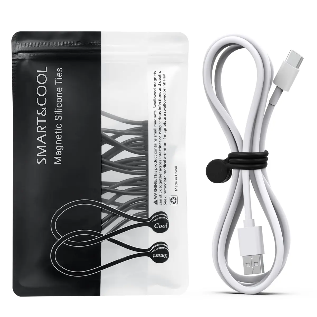 Smart&Cool Black Silicone Magnetic Cable Ties 18.2cm (7.16'') | Organize Cables & More - main product image
