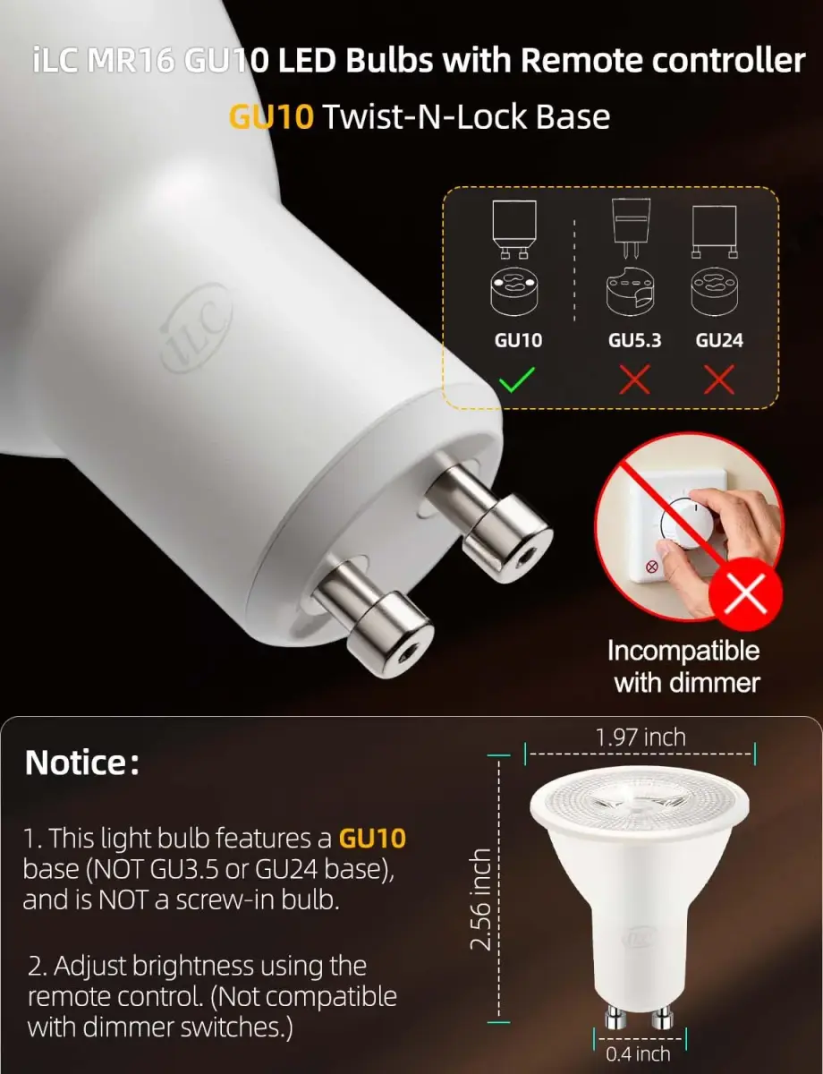 ILC GU10 LED Light Bulb, 5W Color Changing RGB + 5000K Daylight White, 450 Lumens, 45° Beam Angle, Pack of 4 | Dimmable Smart Lighting - view 2