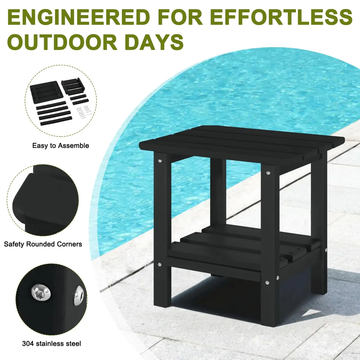 ABCPATIO Patio Side Table HDPE Double Layer Storage Square Black | Weather-Resistant Outdoor Garden Table - view 5