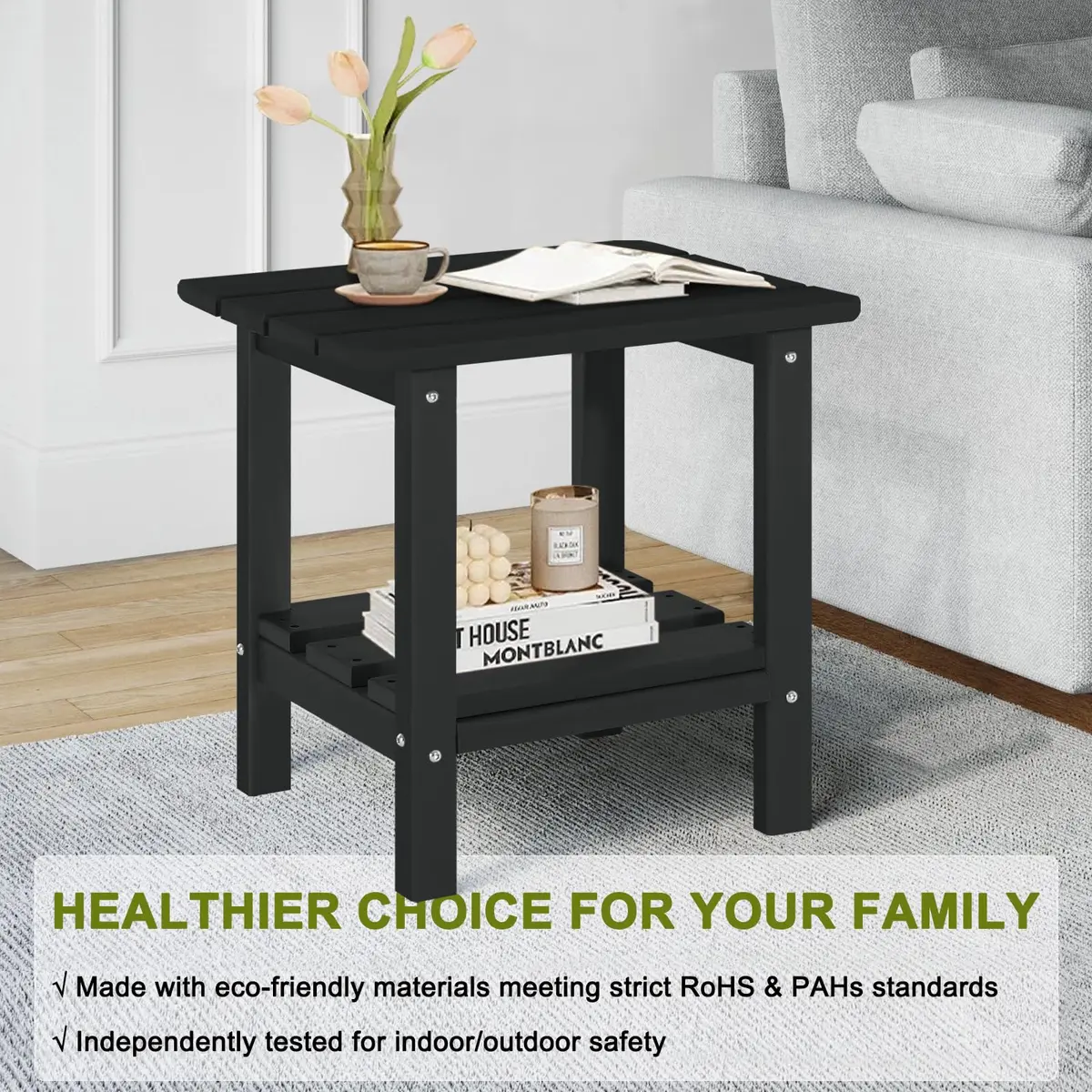 ABCPATIO Patio Side Table HDPE Double Layer Storage Square Black | Weather-Resistant Outdoor Garden Table - view 6