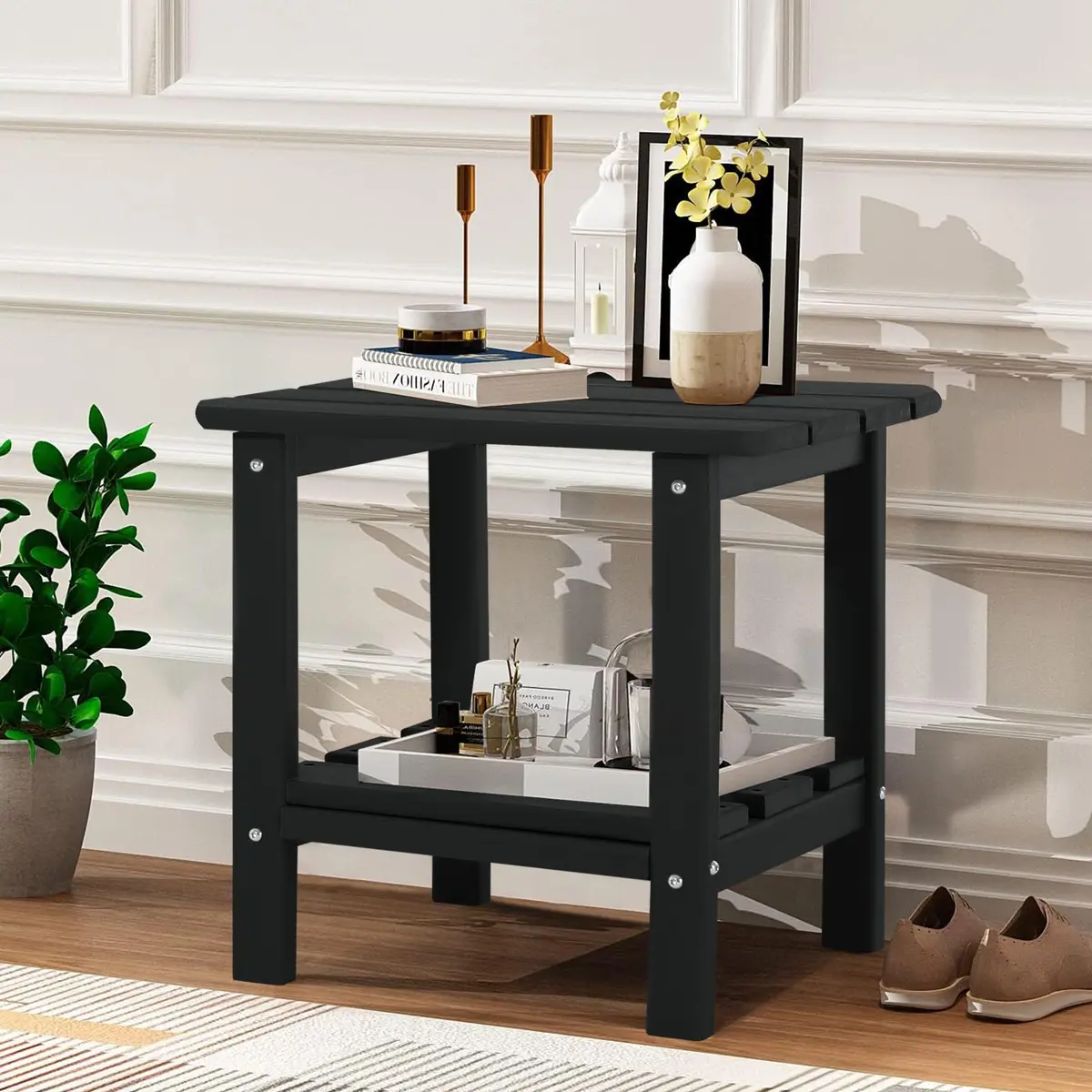 ABCPATIO Patio Side Table HDPE Double Layer Storage Square Black | Weather-Resistant Outdoor Garden Table - view 9