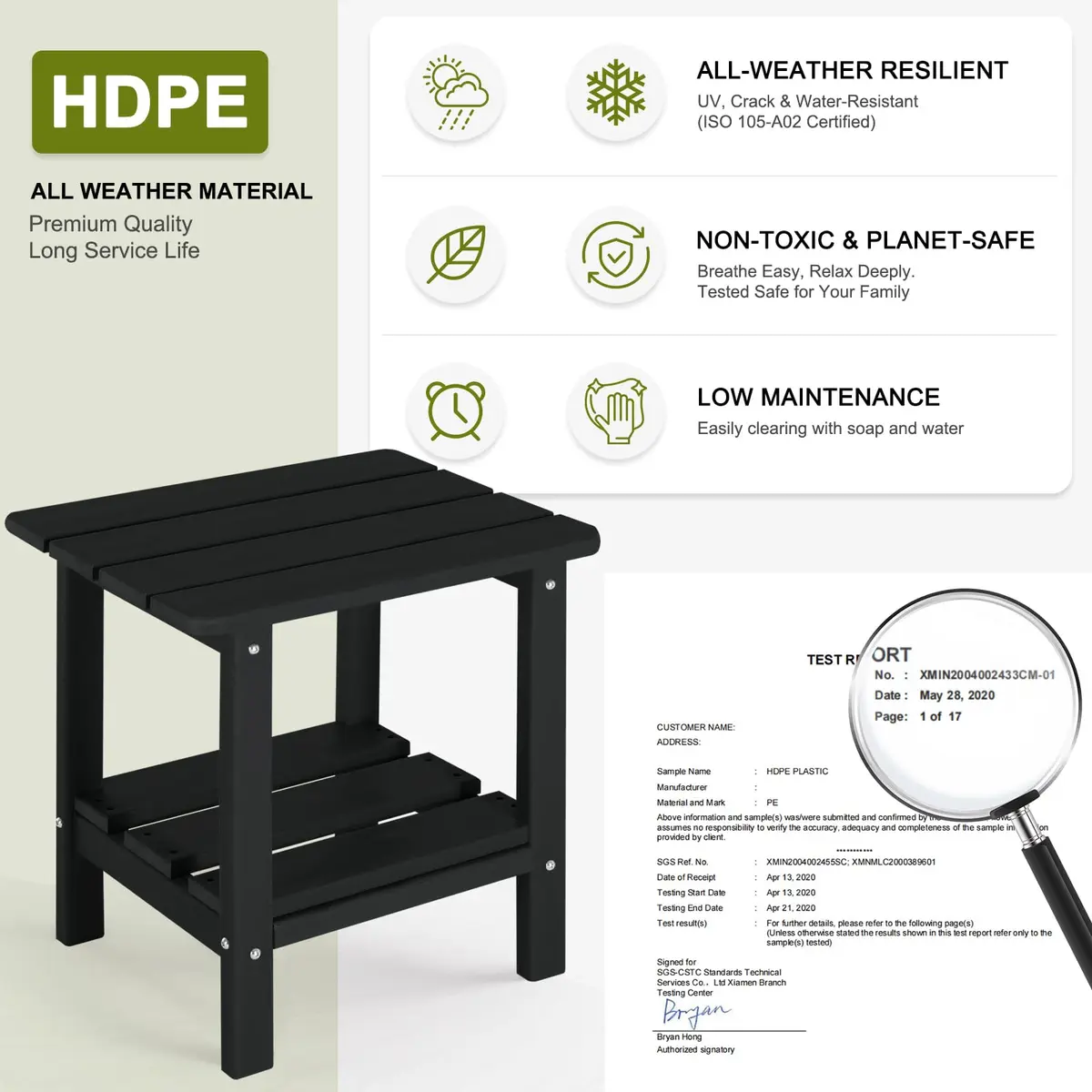 ABCPATIO Patio Side Table HDPE Double Layer Storage Square Black | Weather-Resistant Outdoor Garden Table - view 2