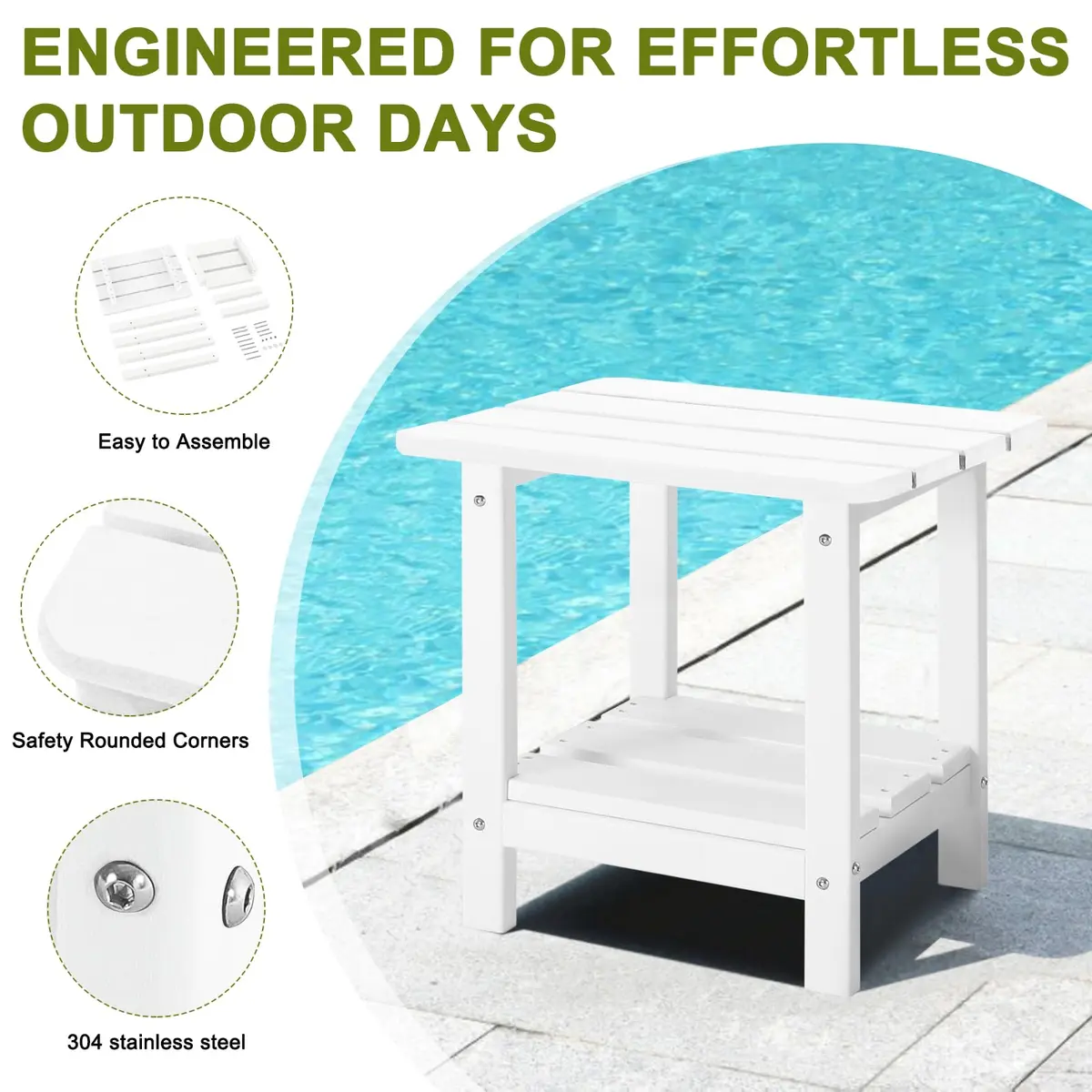 ABCPATIO Patio Side Table HDPE Double Layer Storage Square White | Weather-Resistant & Sturdy - view 6