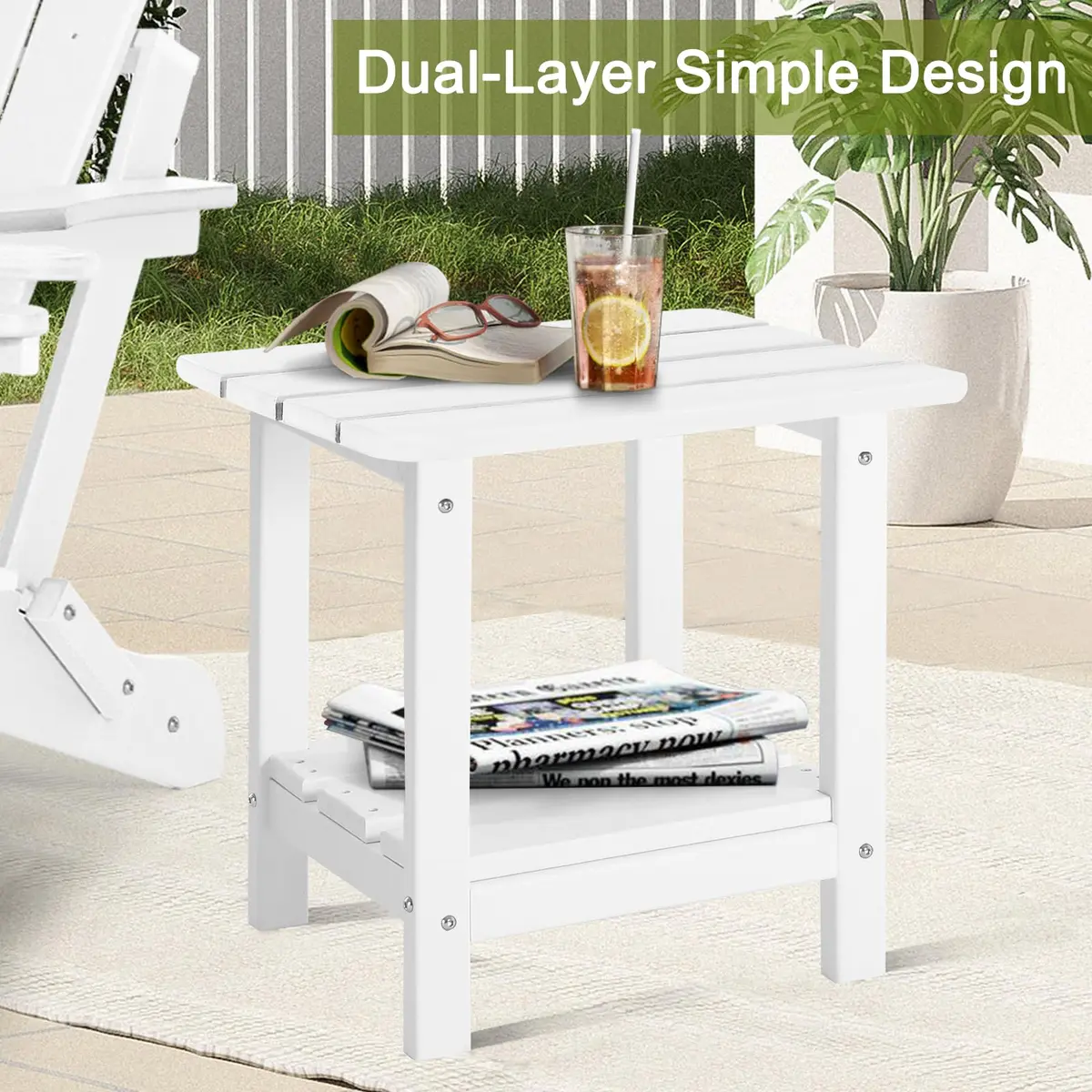 ABCPATIO Patio Side Table HDPE Double Layer Storage Square White | Weather-Resistant & Sturdy - view 8