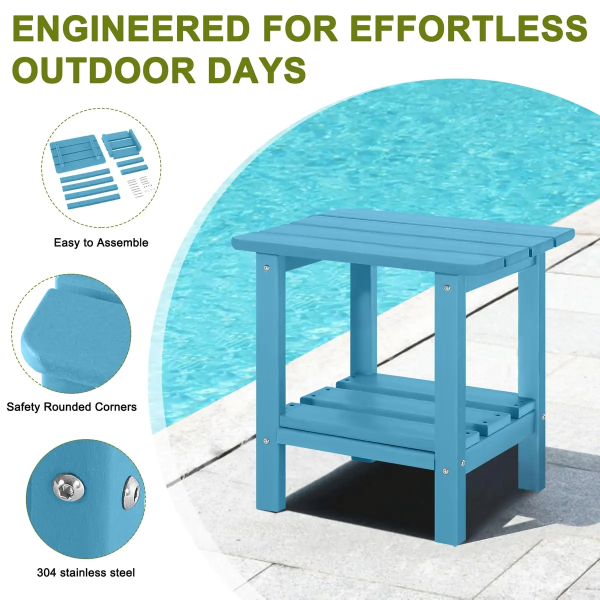 ABCPATIO Patio Side Table HDPE Double Layer Storage Square Turquoise | Weather-Resistant Outdoor Garden Table - view 6