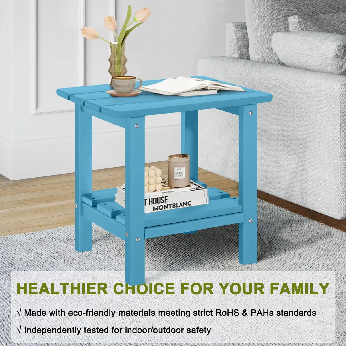 ABCPATIO Patio Side Table HDPE Double Layer Storage Square Turquoise | Weather-Resistant Outdoor Garden Table - view 2