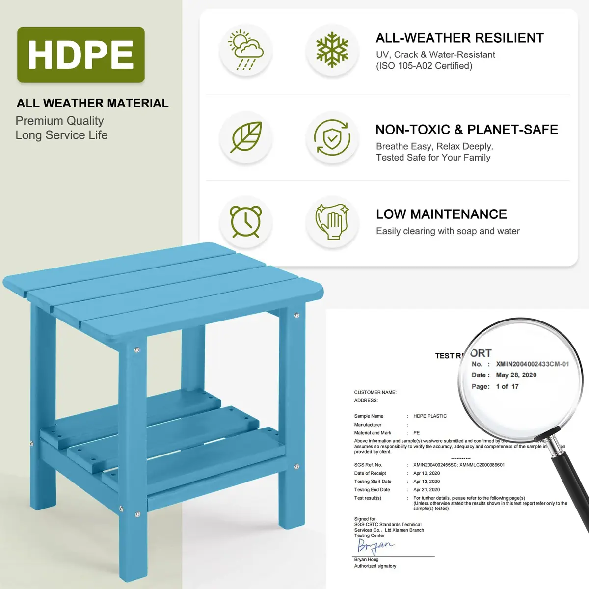 ABCPATIO Patio Side Table HDPE Double Layer Storage Square Turquoise | Weather-Resistant Outdoor Garden Table - view 3
