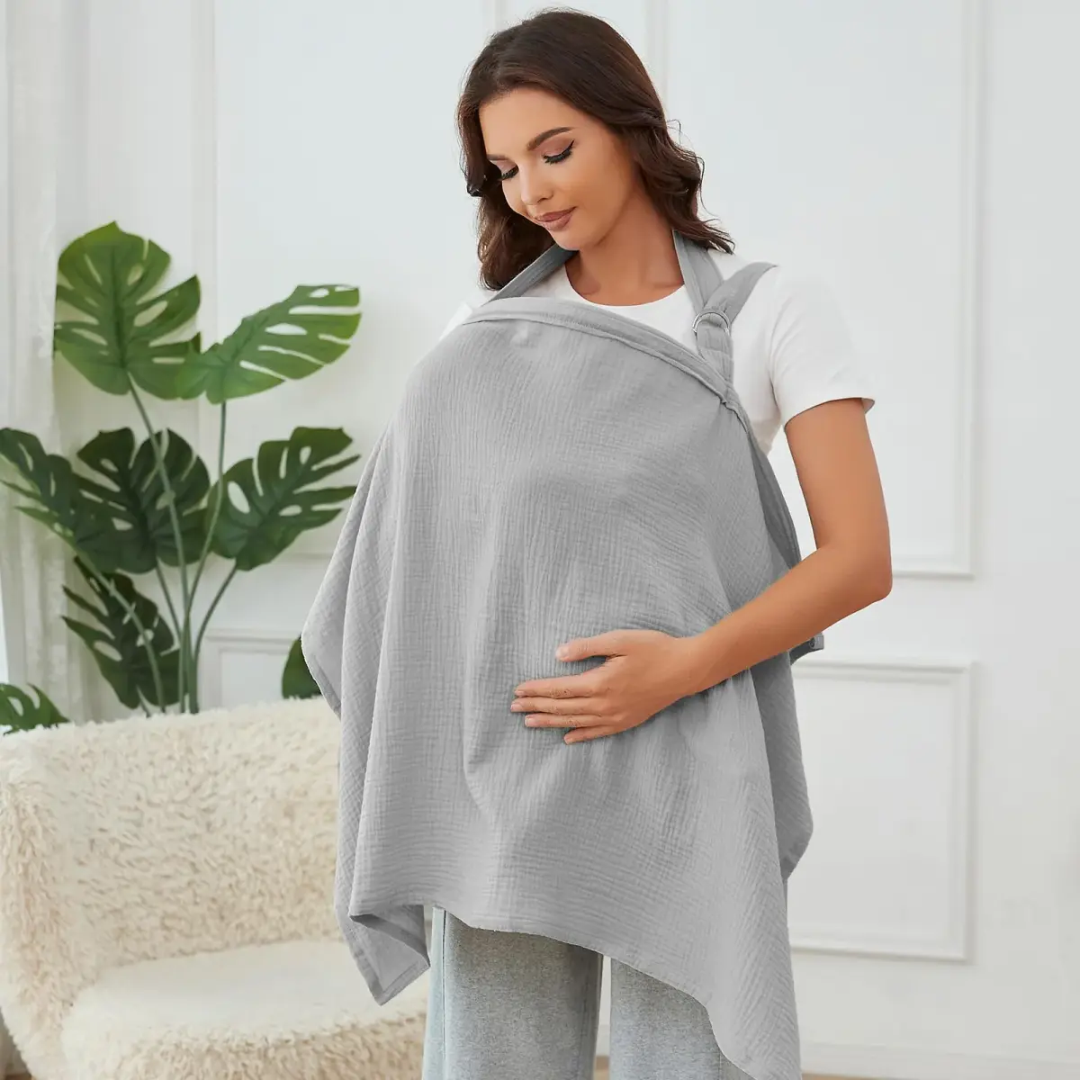 Zdolmy Muslin Nursing Cover Grey 100cm (39.4in) x 70cm (27.4in) | Breathable 100% Cotton with Rigid Hoop - main product image