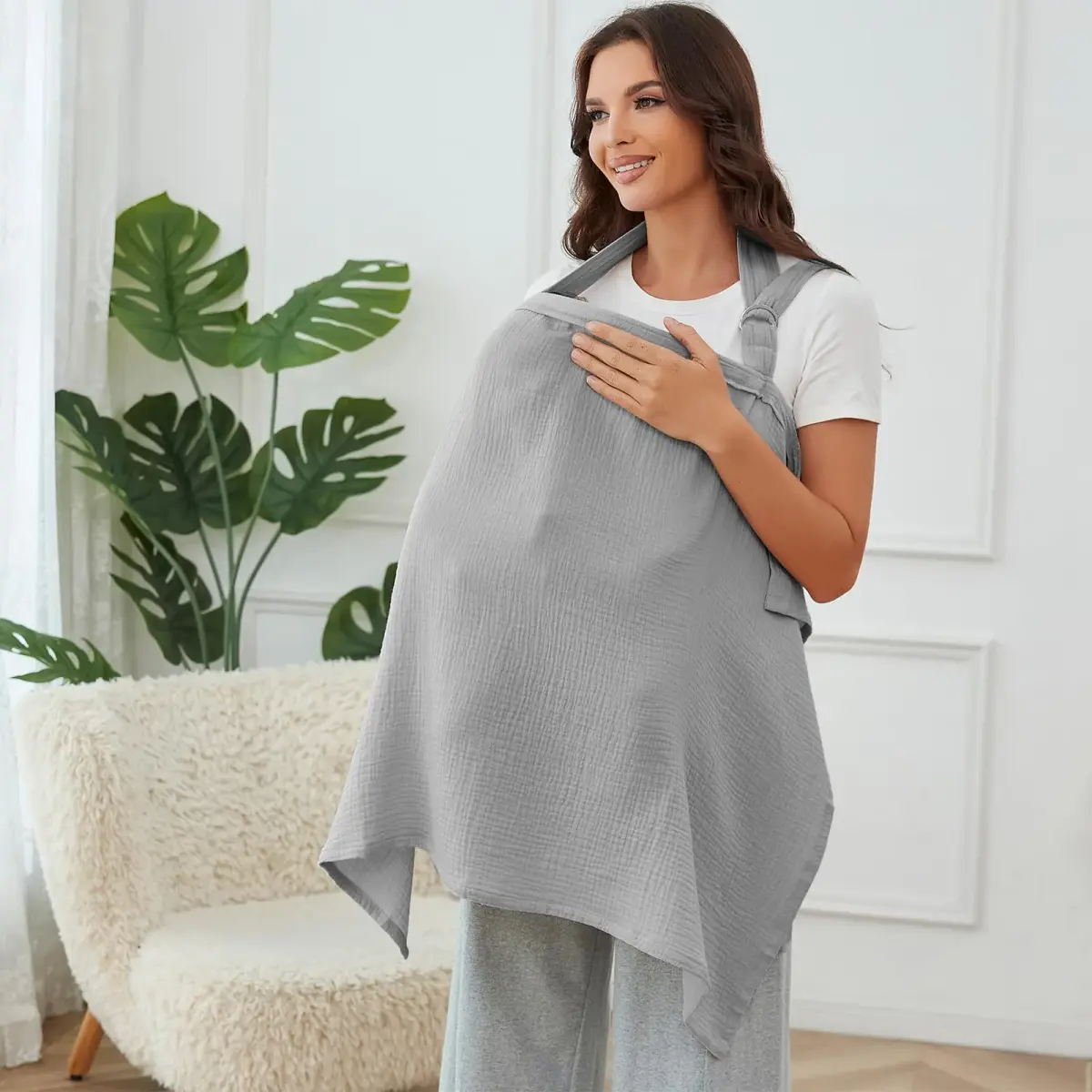 Zdolmy Muslin Nursing Cover Grey 100cm (39.4in) x 70cm (27.4in) | Breathable 100% Cotton with Rigid Hoop - view 2