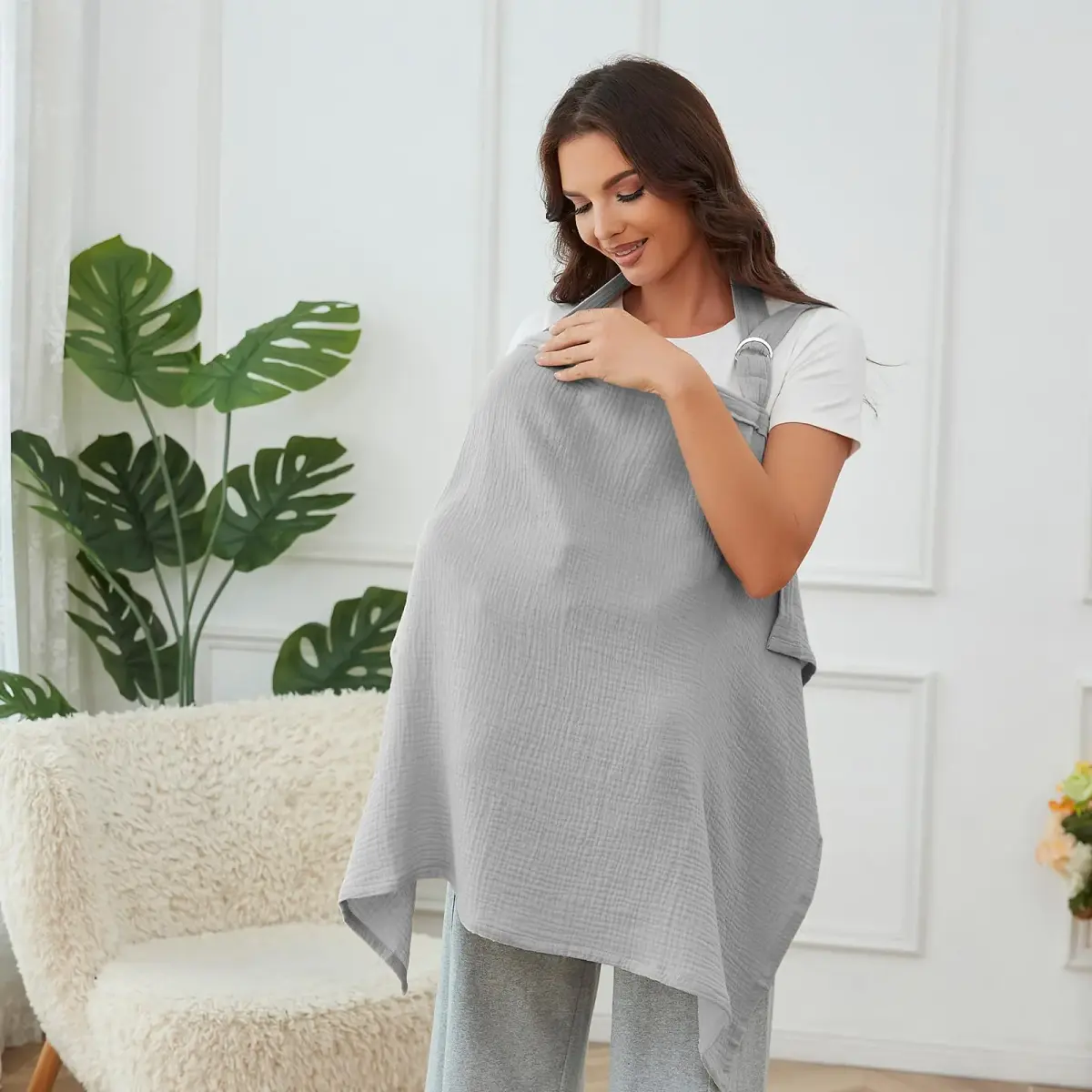 Zdolmy Muslin Nursing Cover Grey 100cm (39.4in) x 70cm (27.4in) | Breathable 100% Cotton with Rigid Hoop - view 3