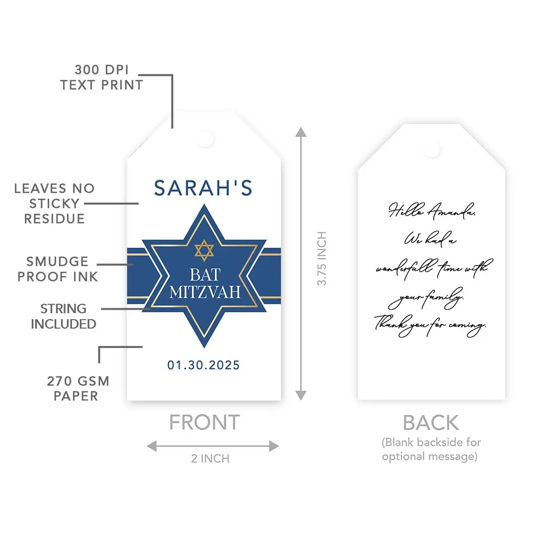 Andaz Press 60-Pack Personalized Bar/Bat Mitzvah Favor Tags with String | Custom Name & Star of David, 2x3.75" - view 5