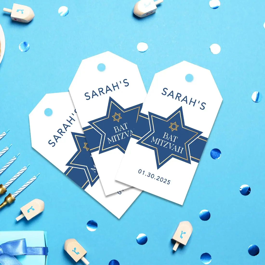 Andaz Press 60-Pack Personalized Bar/Bat Mitzvah Favor Tags with String | Custom Name & Star of David, 2x3.75" - view 2