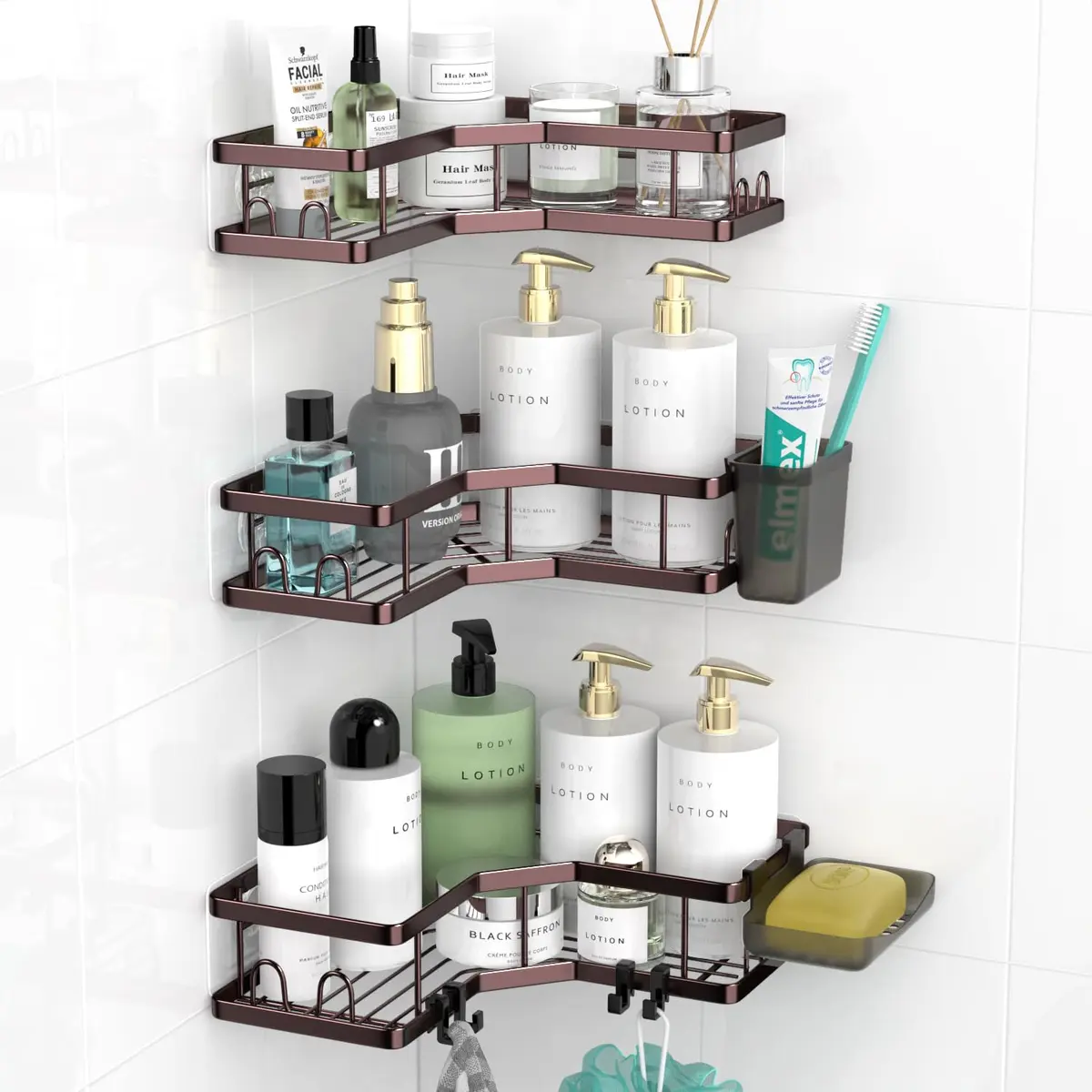 AKTECKE Corner Shower Caddy Organizer Shelf: Adhesive No Drilling, Rustproof, Black | Space-Saving Bathroom Storage - main product image