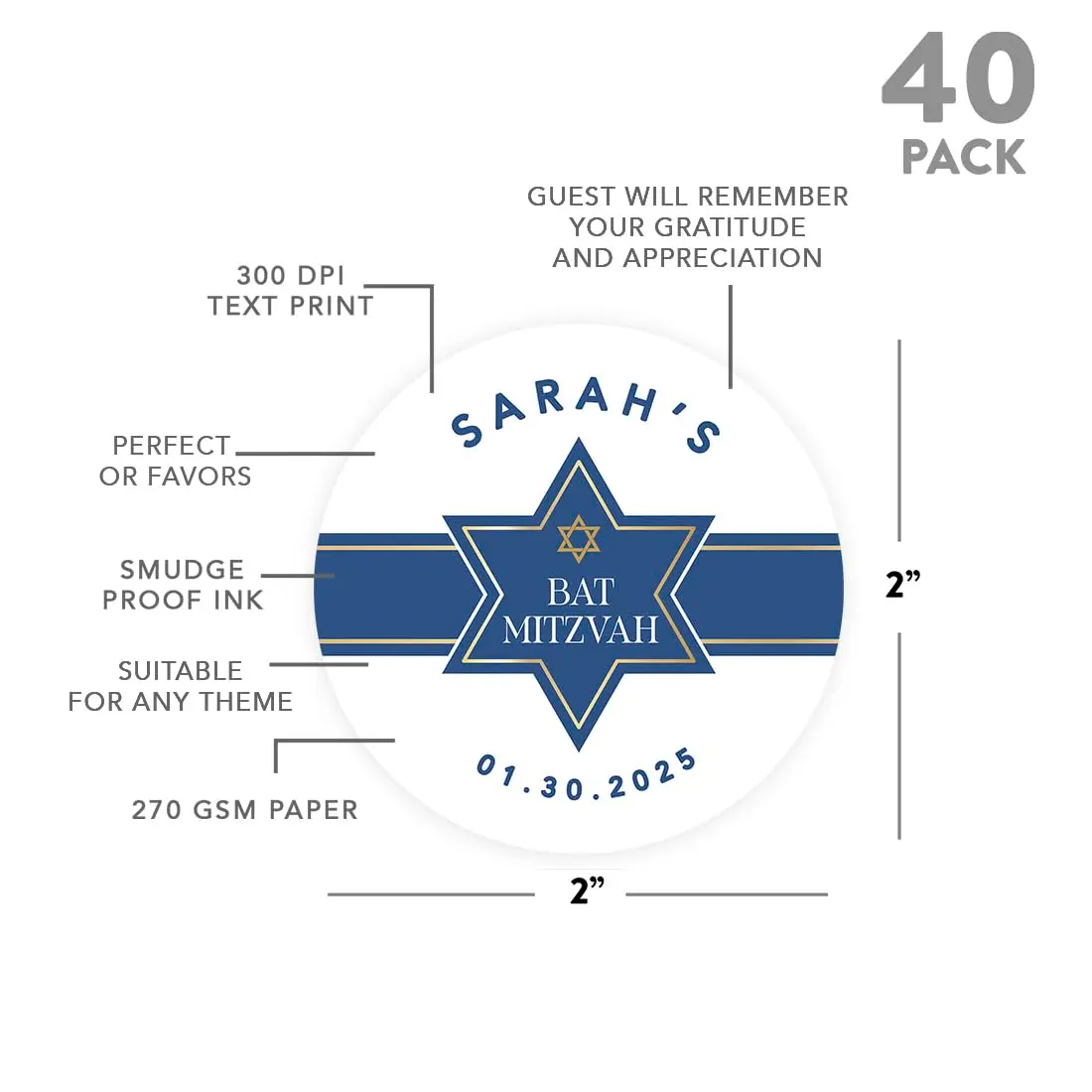 Andaz Press Personalized 2" Round Mitzvah Labels | Custom Name & Photo, 40 Pack - view 4