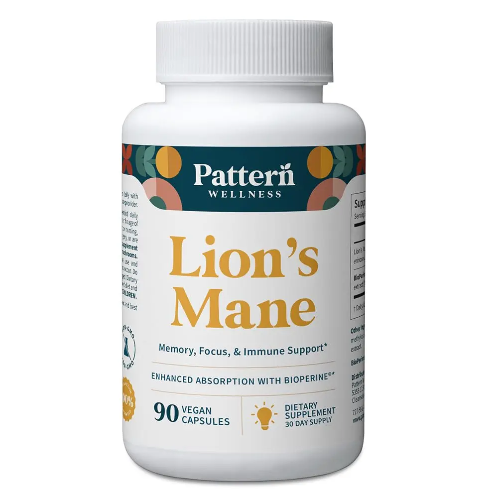 Pattern Wellness Lion’s Mane Mushroom Supplement – 90 Vegan Capsules | Brain & Immune Support - main product image