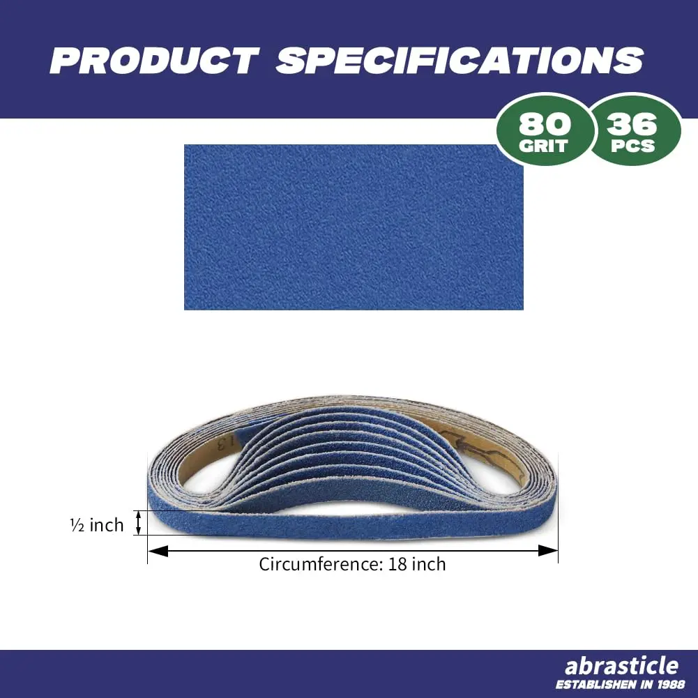 abrasticle Zirconia Sanding Belts for Metal 1/2" x 18" | 36 PCS, 80 Grit, Durable & Precise (70-120 chars) - view 2