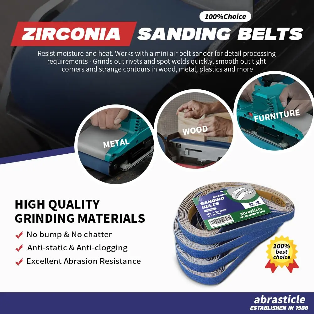 abrasticle Zirconia Sanding Belts for Metal 1/2" x 18" | 36 PCS, 80 Grit, Durable & Precise (70-120 chars) - view 4