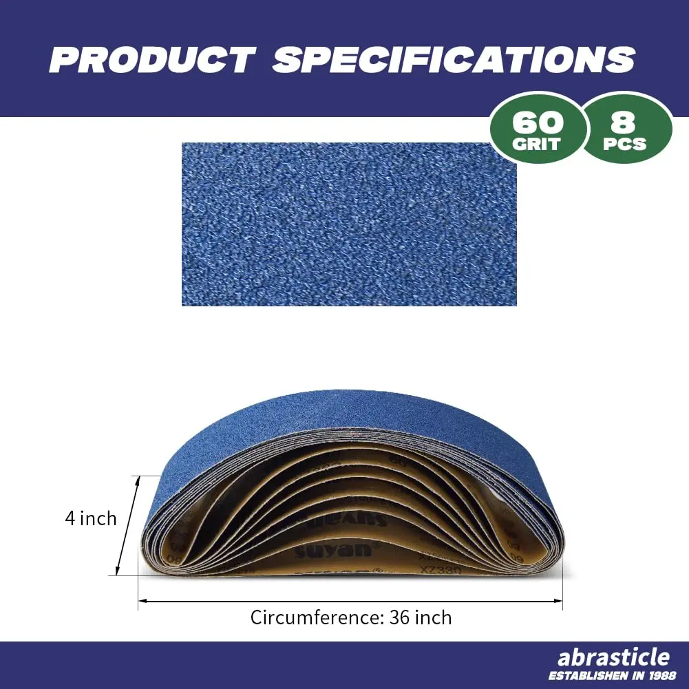 abrasticle 4" x 36" Zirconia Sanding Belts for Metal | 8 PCS 60 Grits | Professional-Grade Sandpaper for Metal & Wood - view 2