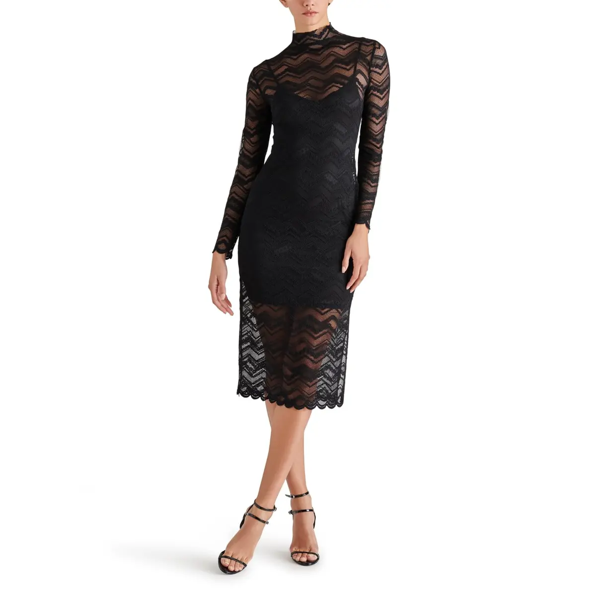 Steve Madden Vivienne Dress Black Small | Sheer Mesh Midi with Attached Slip - main product image