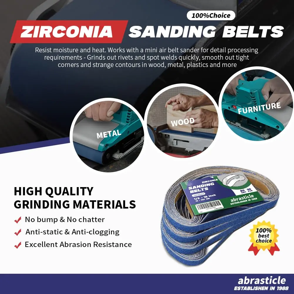 abrasticle Zirconia Sanding Belts 1/2" x 18" | Metal & Wood Finish (70-120 chars) - view 4