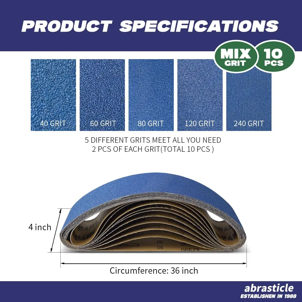 abrasticle Zirconia Sanding Belts for Metal & Wood | Assorted Grits, 4" x 36" (100-120 words) - view 2