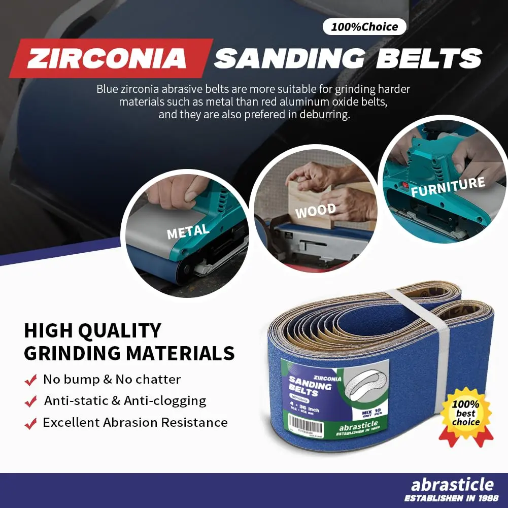 abrasticle Zirconia Sanding Belts for Metal & Wood | Assorted Grits, 4" x 36" (100-120 words) - view 4