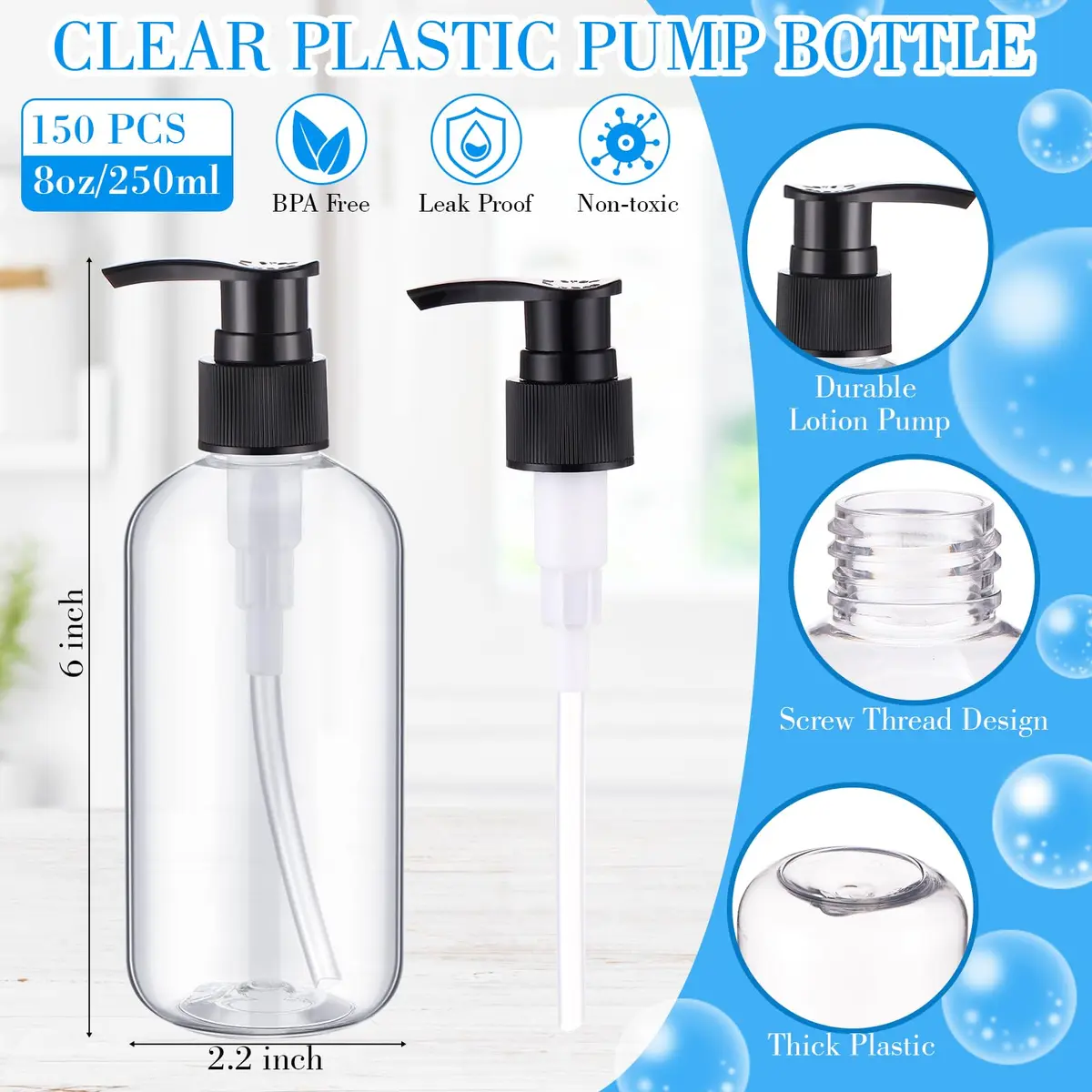 Hushee 150 Pcs 8 oz Plastic Pump Bottles | Leakproof Refillable Dispensers for Liquids - view 2