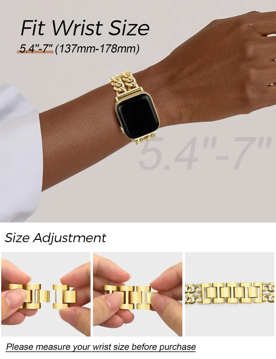JR.DM Gold Metal Watch Band for Apple Watch 42mm-49mm | Adjustable Double Chain Bracelet - view 5