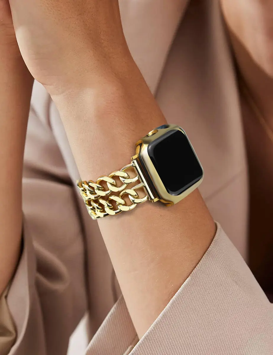 JR.DM Gold Metal Watch Band for Apple Watch 42mm-49mm | Adjustable Double Chain Bracelet - view 8