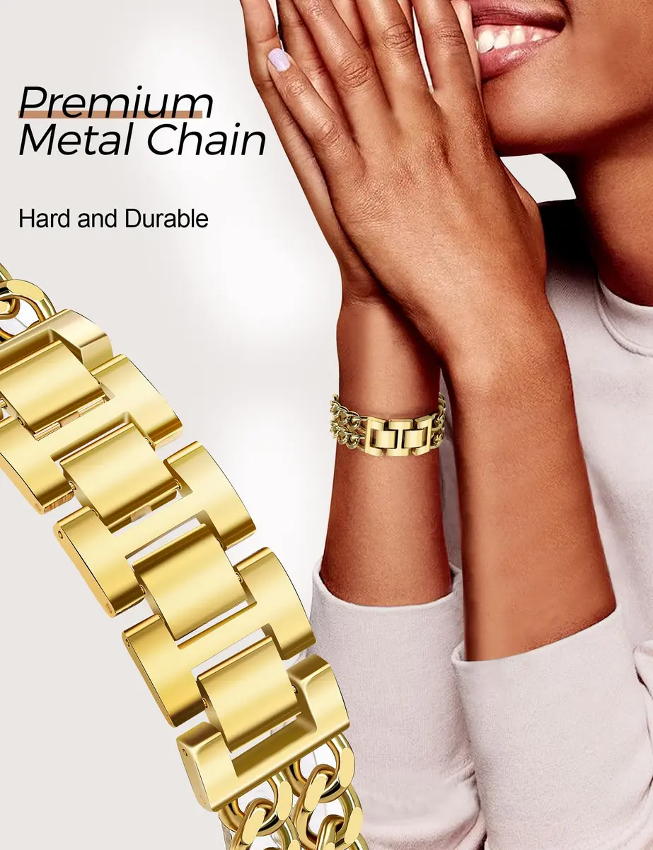 JR.DM Gold Metal Watch Band for Apple Watch 42mm-49mm | Adjustable Double Chain Bracelet - view 2