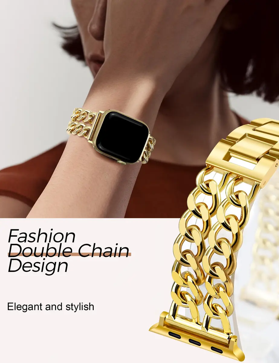JR.DM Gold Metal Watch Band for Apple Watch 42mm-49mm | Adjustable Double Chain Bracelet - view 3
