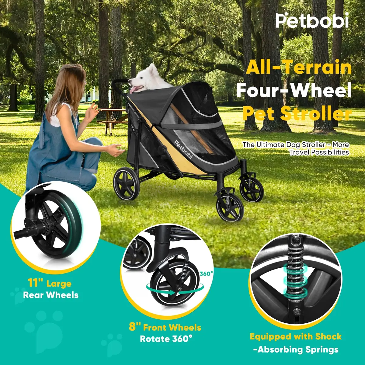 Petbobi Dog Stroller for Large Medium Dogs up to 80 lbs | Dual Entry, All Terrain, One-Hand Fold - view 4