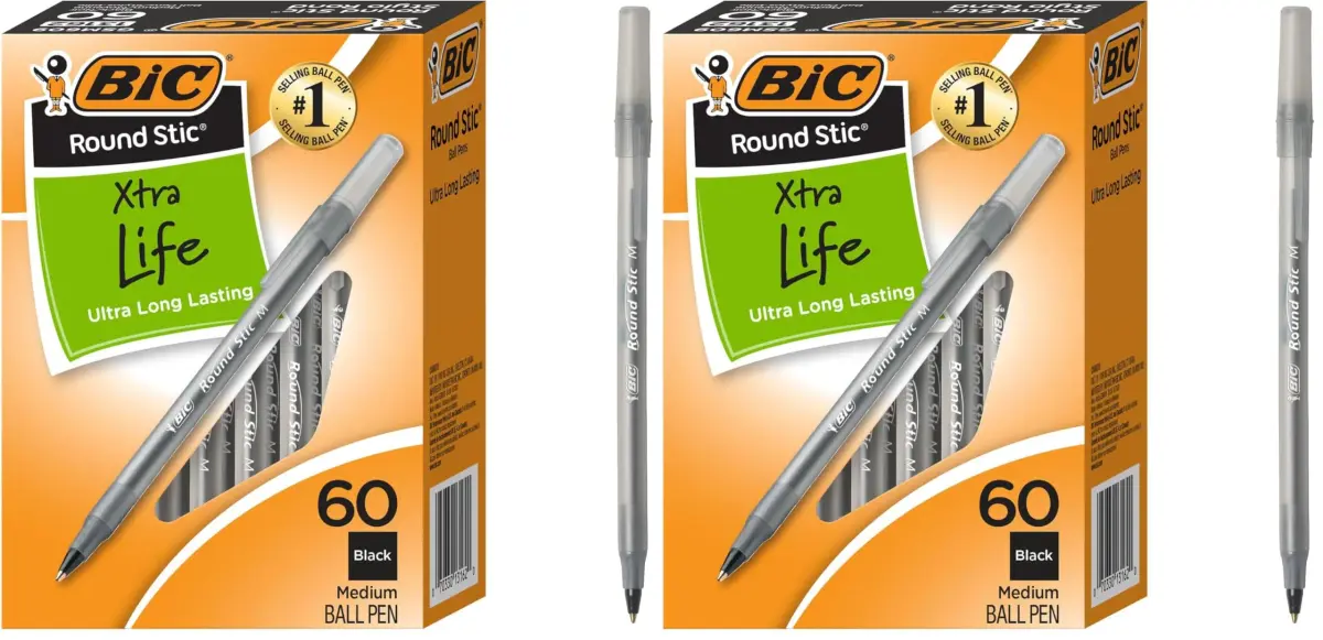 BIC Round Stic Xtra Life Ballpoint Pens, Medium Point (1.0mm), Black, 120 Count (2 x 60-Count Packs) | Smooth Ink Flow for Writing Comfort - main product image