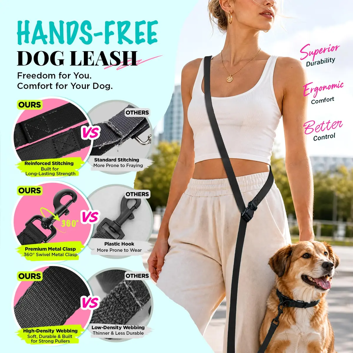 Heelay Hands Free Dog Leash 2.5m (8.2ft) Black | Adjustable Crossbody Rope for Medium-Large Dogs - view 5