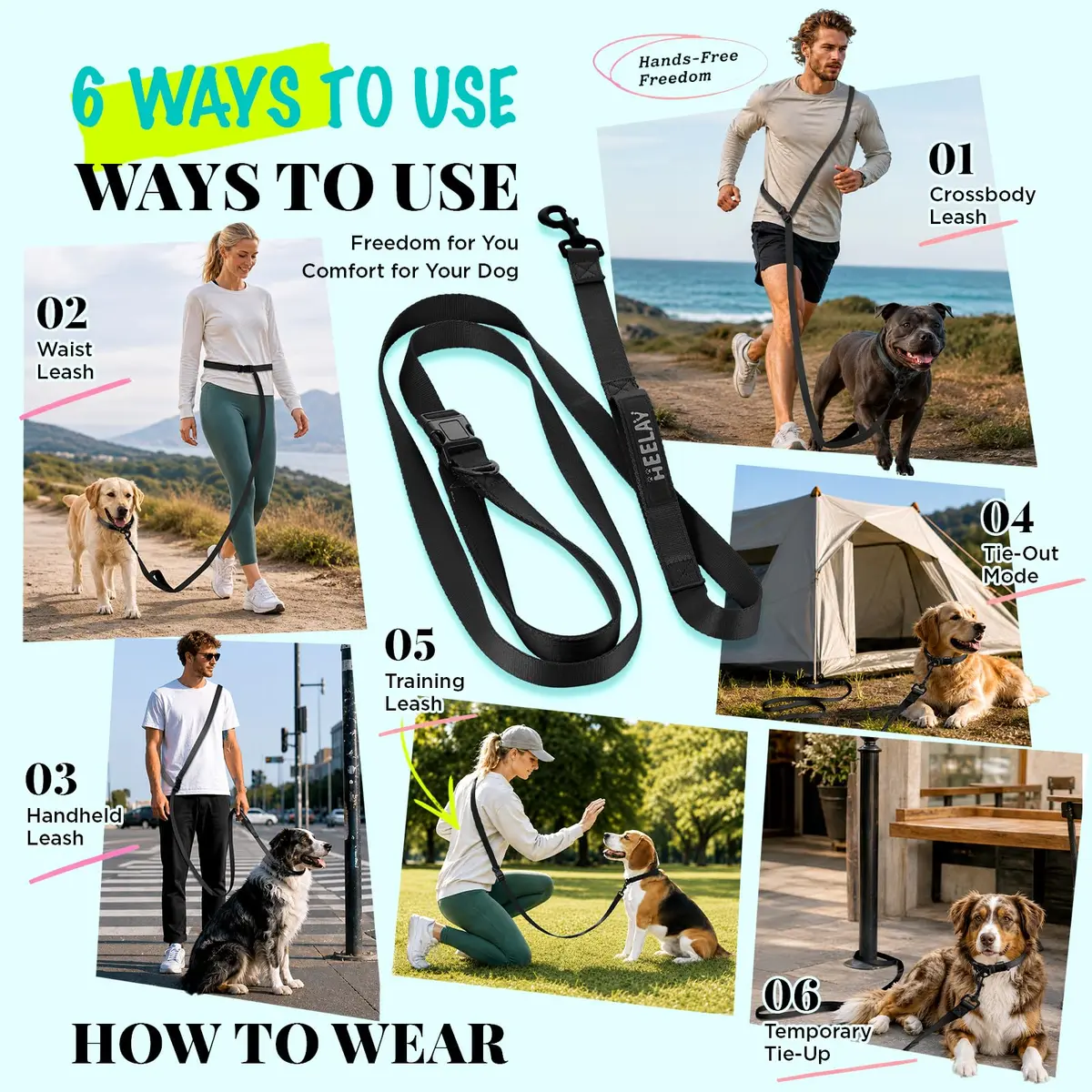 Heelay Hands Free Dog Leash 2.5m (8.2ft) Black | Adjustable Crossbody Rope for Medium-Large Dogs - view 6