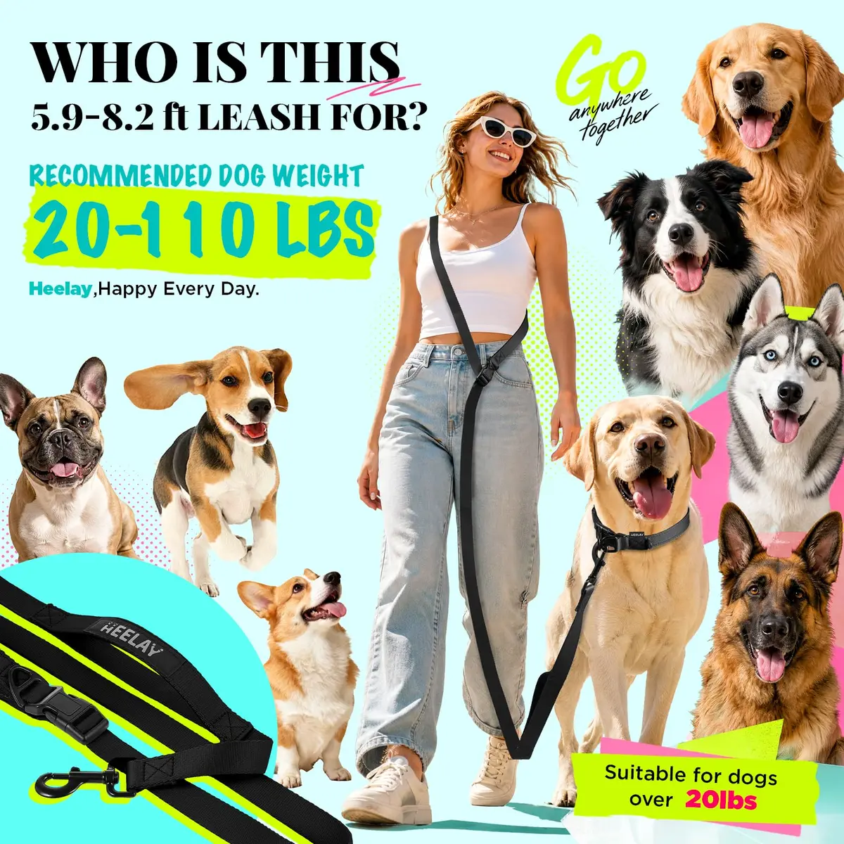 Heelay Hands Free Dog Leash 2.5m (8.2ft) Black | Adjustable Crossbody Rope for Medium-Large Dogs - view 2