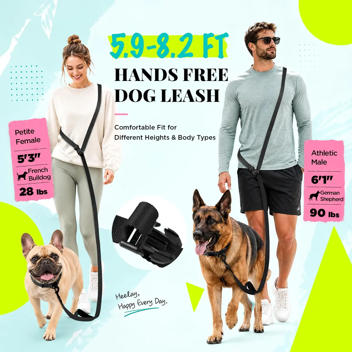 Heelay Hands Free Dog Leash 2.5m (8.2ft) Black | Adjustable Crossbody Rope for Medium-Large Dogs - view 3