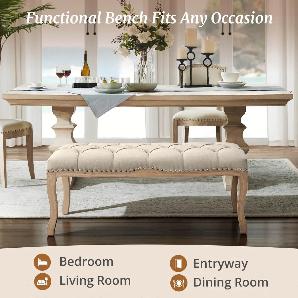 Cozyman Bedroom Bench, French Vintage Tufted Entryway Bench, 45.2" Linen Ottoman with Carved Wooden Legs - view 5