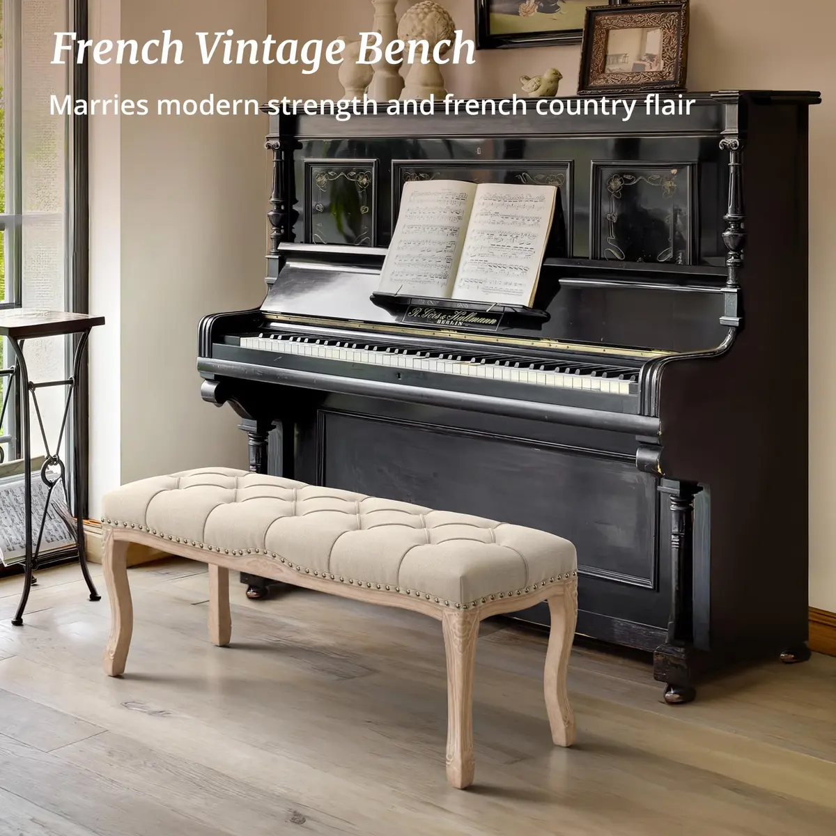 Cozyman Bedroom Bench, French Vintage Tufted Entryway Bench, 45.2" Linen Ottoman with Carved Wooden Legs - view 6