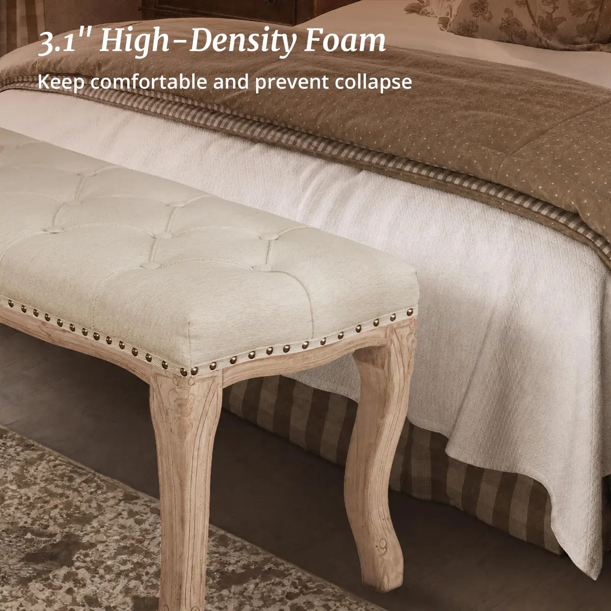 Cozyman Bedroom Bench, French Vintage Tufted Entryway Bench, 45.2" Linen Ottoman with Carved Wooden Legs - view 7