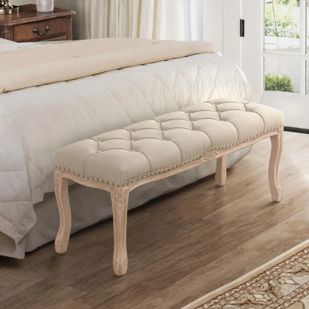 Cozyman Bedroom Bench, French Vintage Tufted Entryway Bench, 45.2" Linen Ottoman with Carved Wooden Legs - view 2