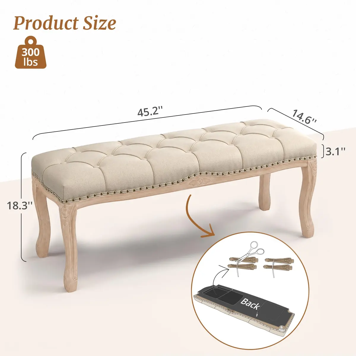 Cozyman Bedroom Bench, French Vintage Tufted Entryway Bench, 45.2" Linen Ottoman with Carved Wooden Legs - view 3