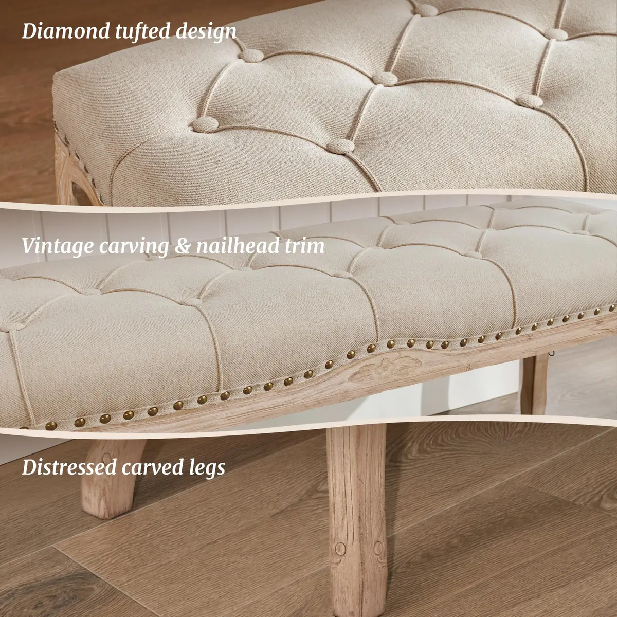 Cozyman Bedroom Bench, French Vintage Tufted Entryway Bench, 45.2" Linen Ottoman with Carved Wooden Legs - view 4