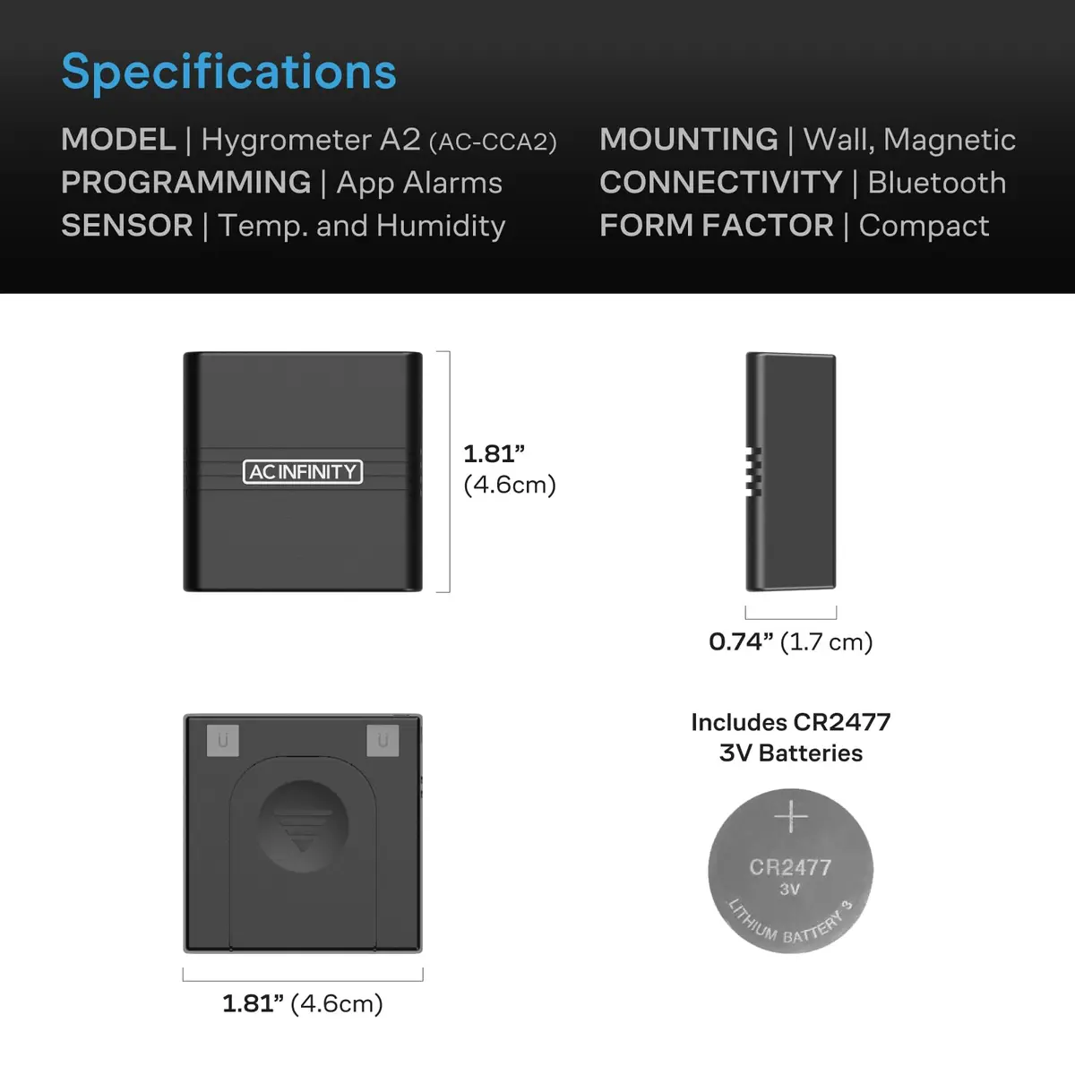 AC Infinity A2 Smart Hygrometer Temperature Humidity Monitor | Bluetooth App & VPD Readings - view 6