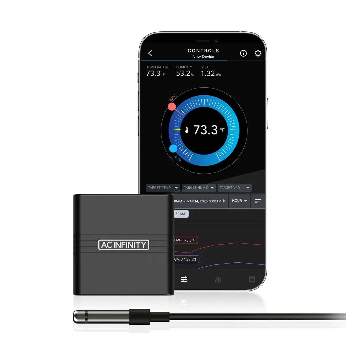 AC Infinity A1 Smart Hygrometer Temperature Humidity Monitor with Bluetooth App & Corded Sensor | 4.5 cm (1.8 Inch) Black - main product image