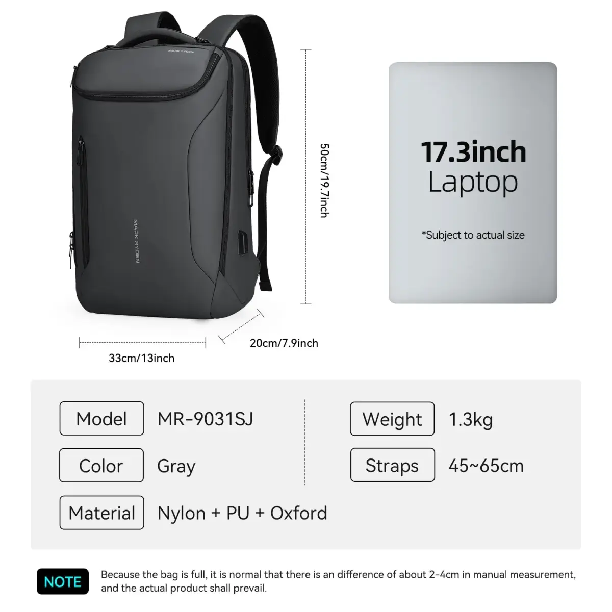 MARK RYDEN Business Backpack for Men, Waterproof 17.3 Inch Laptop Backpack with USB Charging Port & Sport Car Shape Design | 32L (1.2kg) - view 6