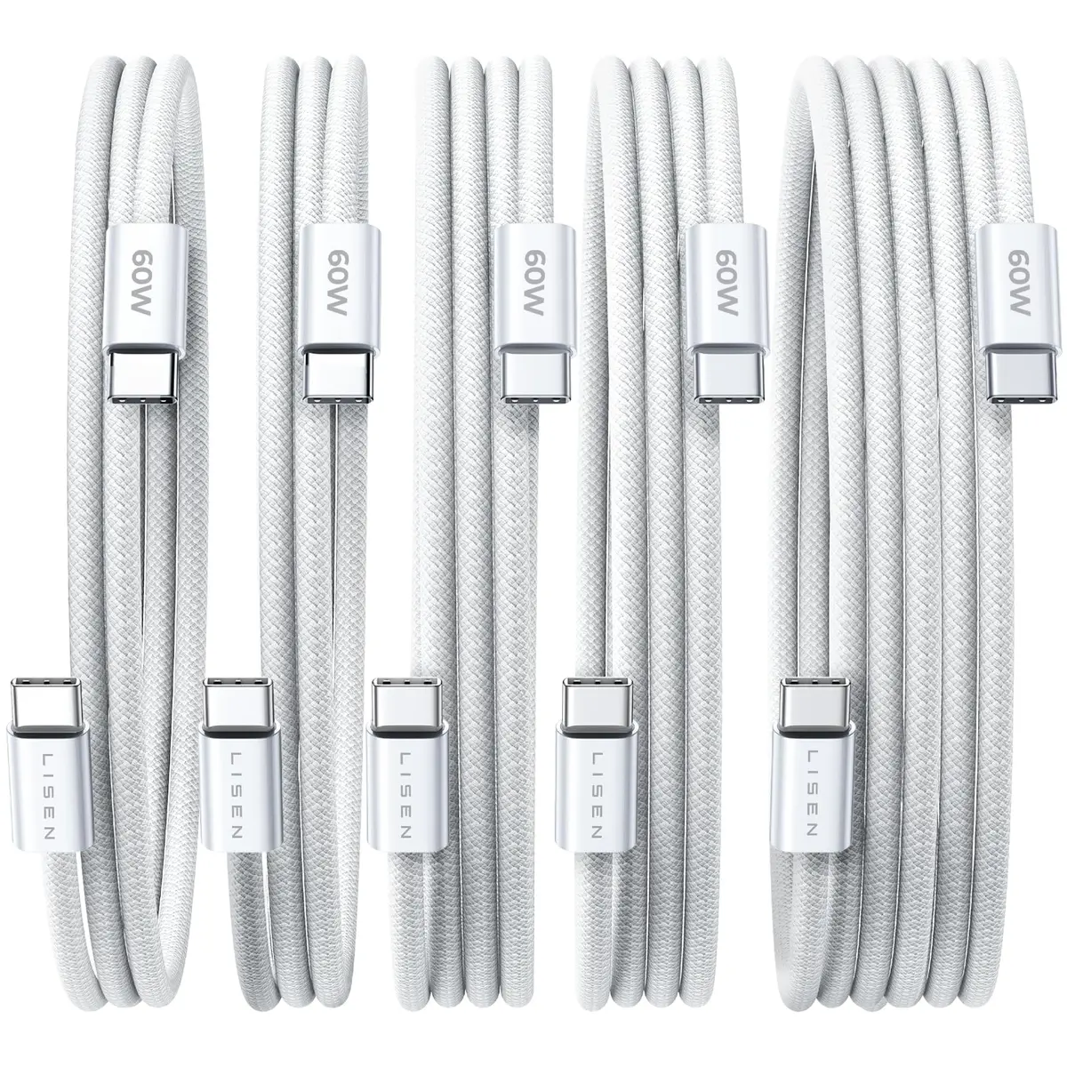 LISEN USB C Cable 5-Pack 3.3/6.6/10FT | Fast 60W Charging & Recyclable Cotton Braiding - main product image
