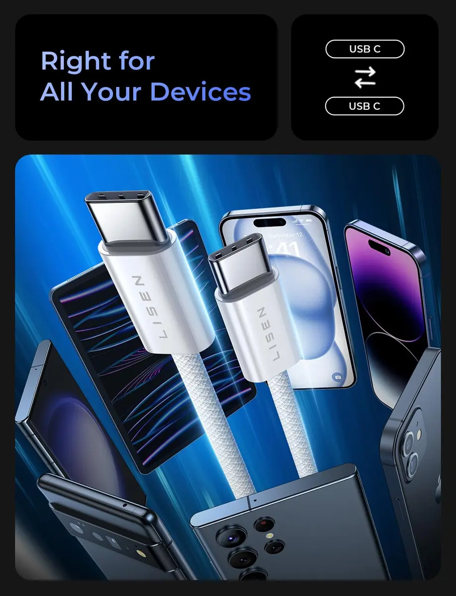 LISEN USB C Cable 5-Pack 3.3/6.6/10FT | Fast 60W Charging & Recyclable Cotton Braiding - view 7
