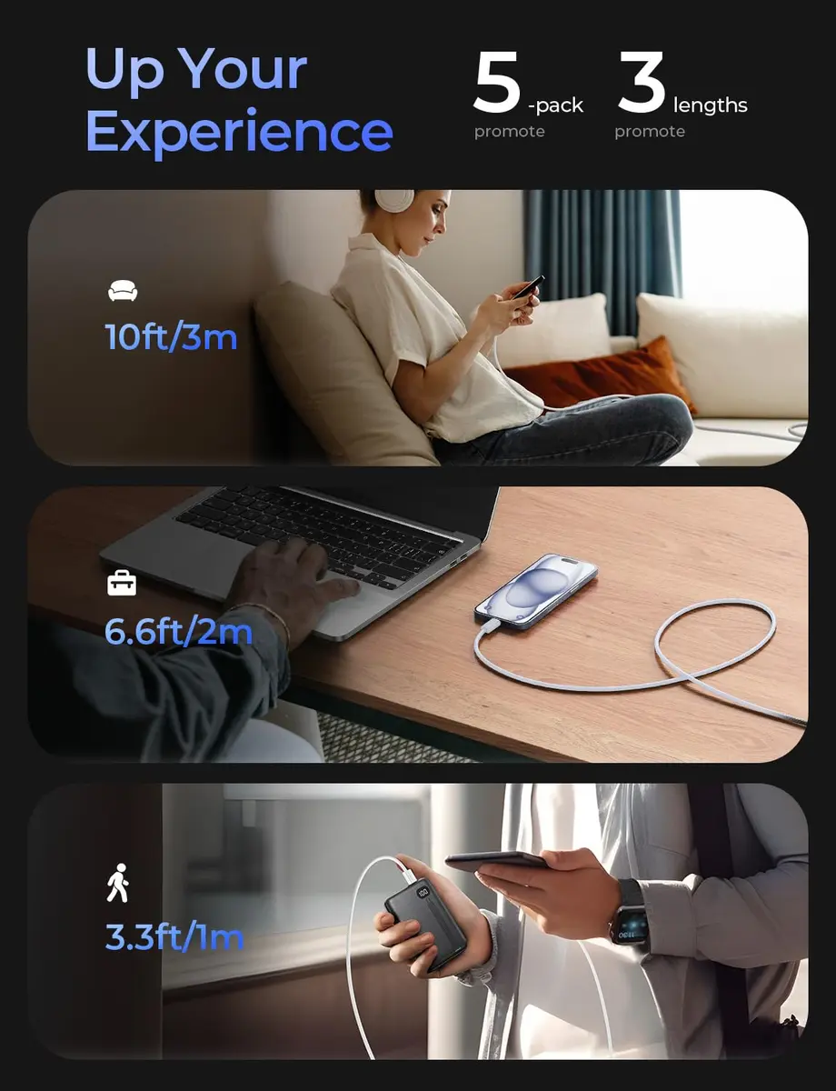 LISEN USB C Cable 5-Pack 3.3/6.6/10FT | Fast 60W Charging & Recyclable Cotton Braiding - view 2