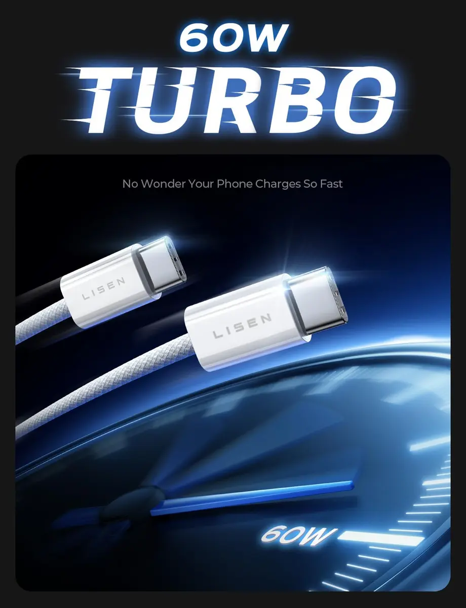 LISEN USB C Cable 5-Pack 3.3/6.6/10FT | Fast 60W Charging & Recyclable Cotton Braiding - view 3
